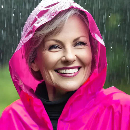 Damen-Regenponcho in pink für eine ältere Frau im Regen