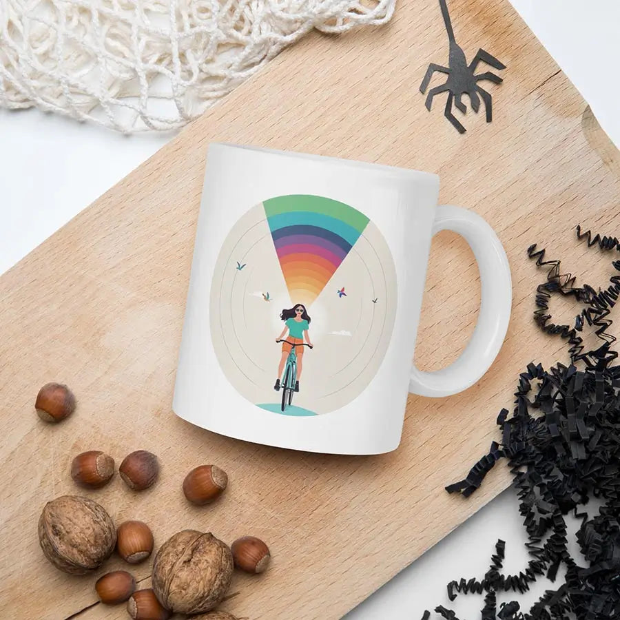 Geschenk für Fahrradfahrer – Tasse mit einzigartigem Radmotiv. Keramiktasse mit Fahrradillustration und positivem Spruch, perfekt für Fahrradliebhaber und Abenteurer.