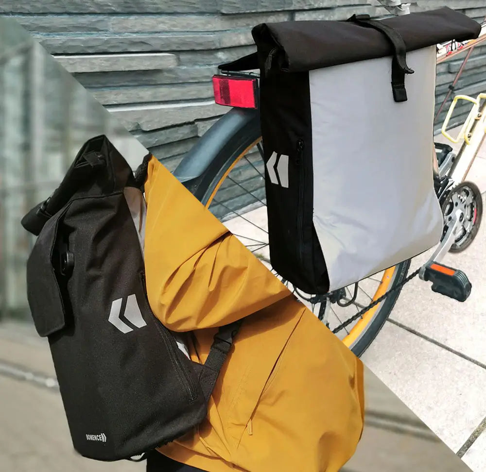 Fahrradtasche und Rucksack Kombi 2in1 schwarz reflektierend Bomence