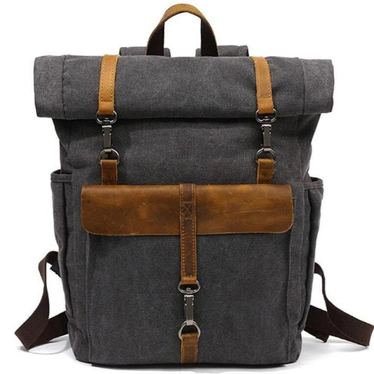 Rollrucksack Baumwolle grau mit leder und Haken