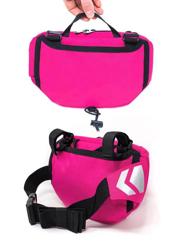 Pinke Lenkertasche Fahrrad mit verstaubaren Gurten hinten, umwandelbare Fahrradtasche Lenker zur Bauchtasche in pink. Veranschaulichung der Gurte.