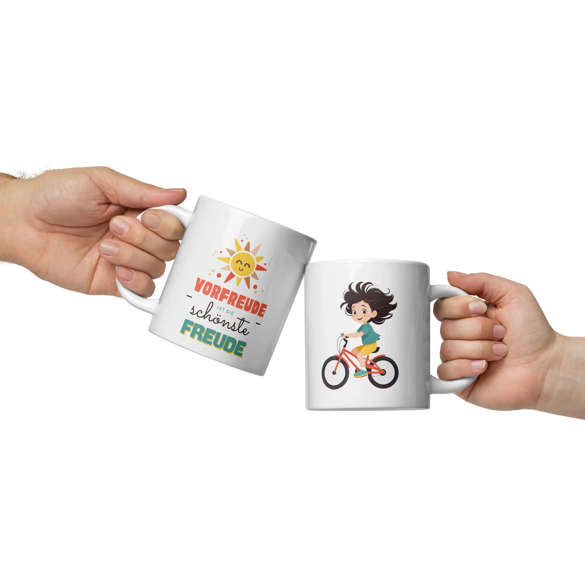 Keramiktasse mit Fahrradillustration mit kindlichem Design und positiver Botschaft über die Freude und Vorfreude – Perfekt als Geschenk für Radfahrer.