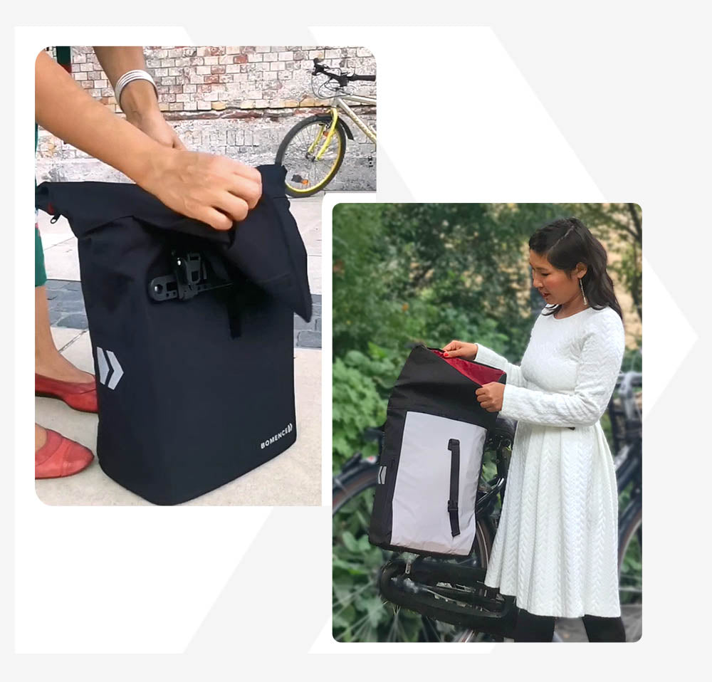 Fahrradtasche Rucksack umwandelbar dargestellt in zwei Bildern outdoor. Öffnung der Klappe für die Gepäckträgeraufhängung mit einer Hand. Rechts im Bild eine Frau im weißen Kleid vor grünem Natur Hintergrund den Rolltop öffnend. Das rote Innenfutter der Tasche wird sichtbar. Die Dame schaut in die Tasche hinein.