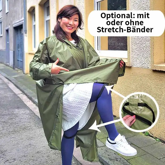 Regencape mit Befestigung Beine Oberschenkel, Waden, Knie, Strapse, Bänder zum Fahrradfahren Regenponcho gruen