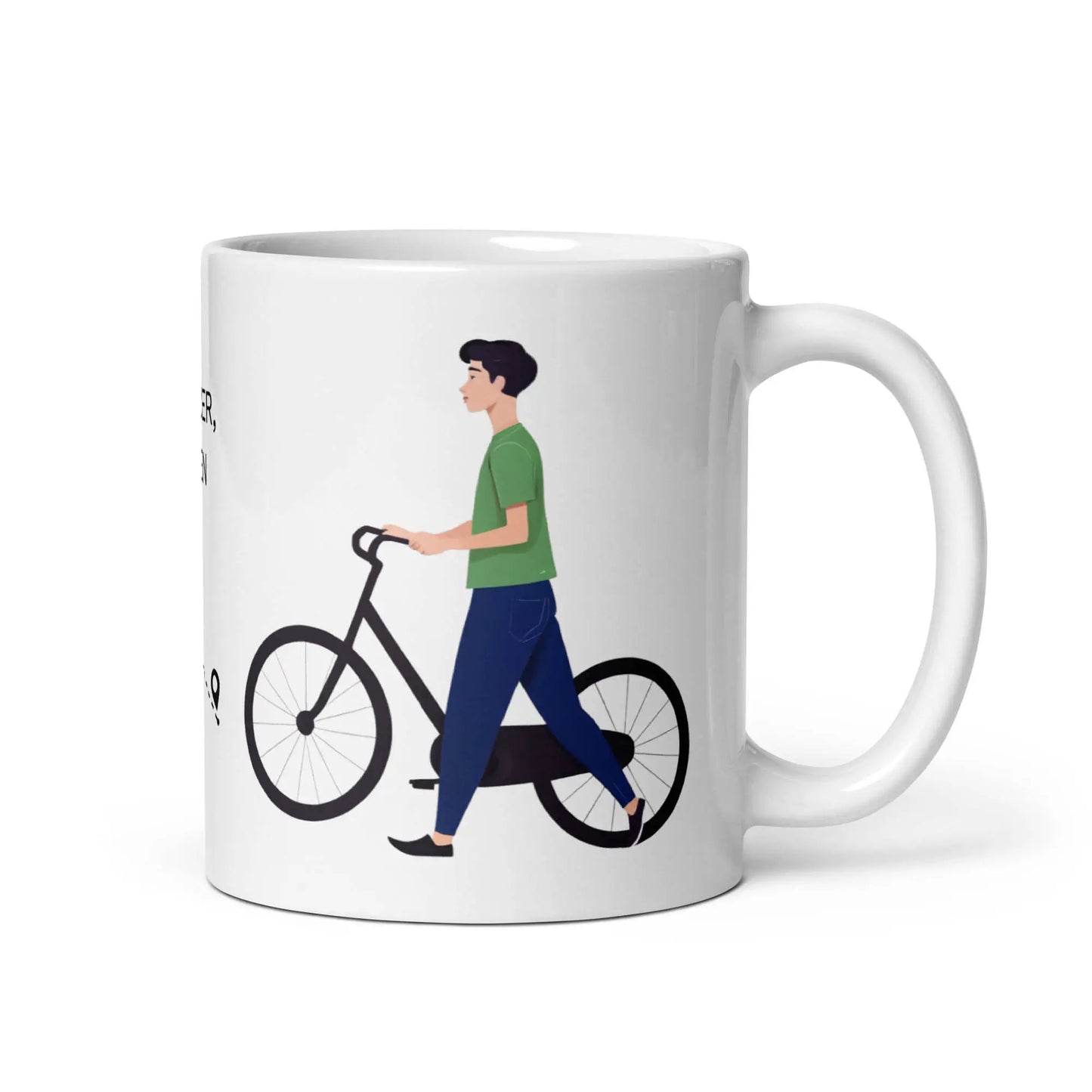 Weiße Kaffeetasse mit stilvollem Fahrradmotiv – ein Mann schiebt sein Fahrrad.