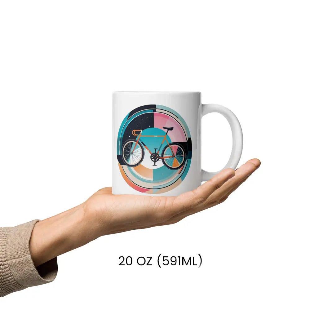 Weiße Tasse mit kreativem  bunten Radfahrmotiv und lebendigem Typografie-Design, das zu neuen Wegen inspiriert.