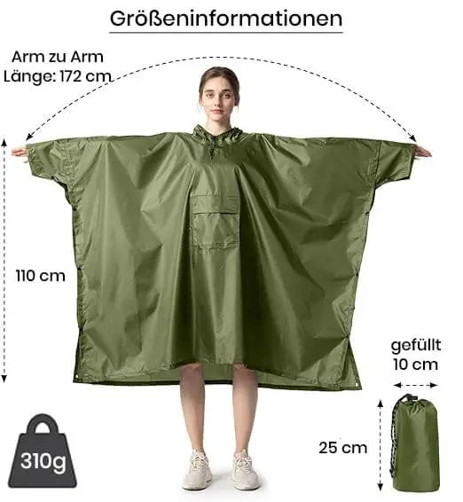 Grüner Reenponcho weit und groß XXL mit Aufbewahrungstasche leicht für Erwachsene