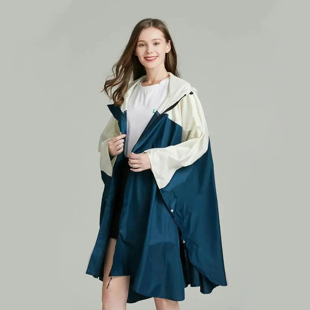 Regenponcho Damen in Dunkelblau Weiß, zweifarbig vorne Offen mit Reißverschluss für Damen zum Wandern oder Fahrradfahren, Regenmantel