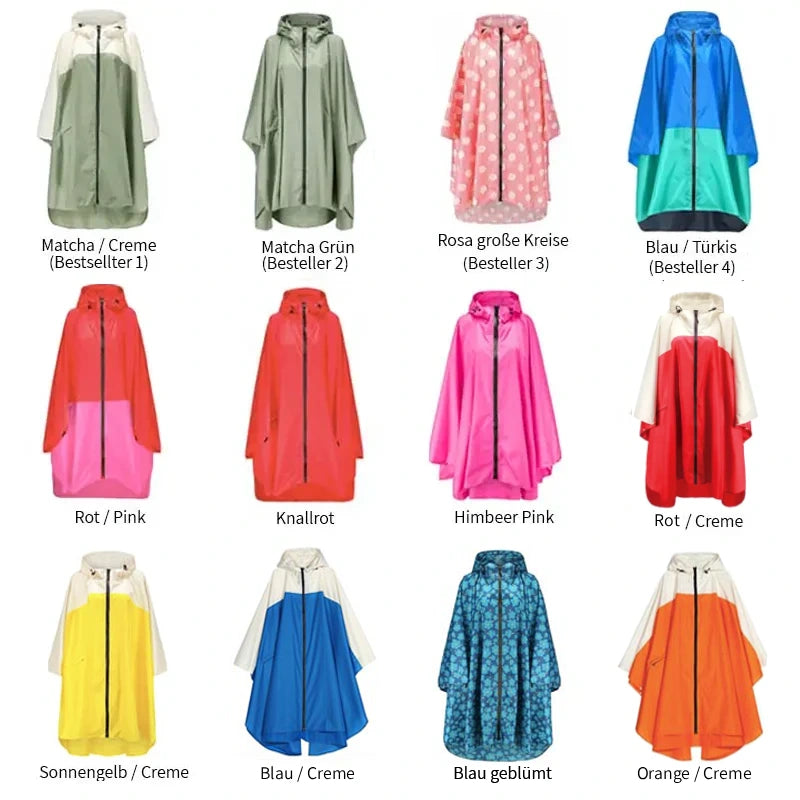 Bunte Regenponchos für Damen mit Reißverschluss vorne und Kapuze viele Varianten Auswahl