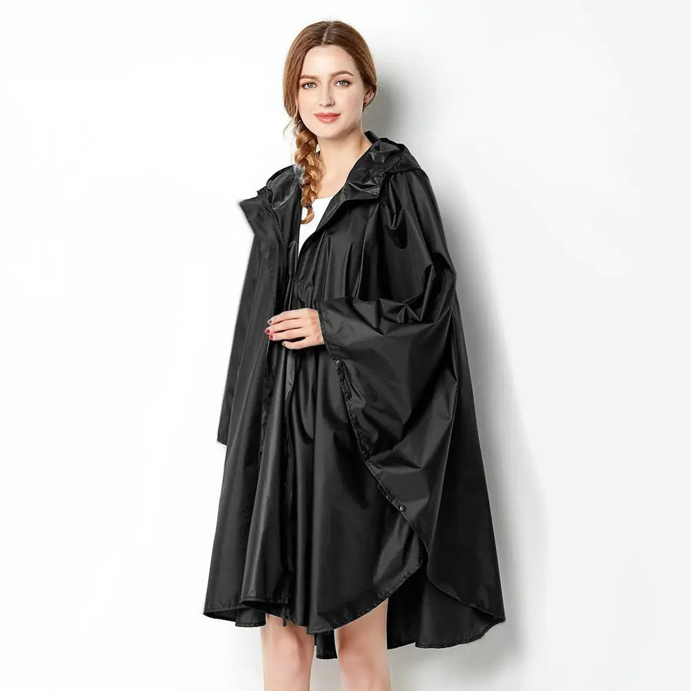 Schwarzer Regenponcho Damen wasserdicht mit Tasche Karabinerhaken