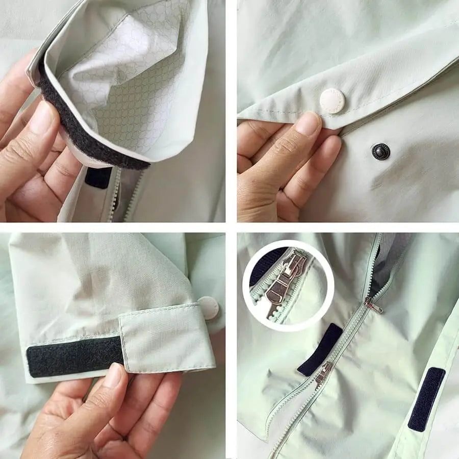 Details des Materials des langen mint grünen Regenmantels zu sehen auf vier Bildern. Klettverschluss für Arme, Doppelreißverschluss, Tasche mit Druckknopf.