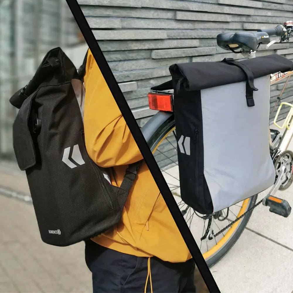 Rucksack Fahrradtasche Kombi - Links: Mann mit schwarzen Rucksack. Rechts: Fahrrad mit Radtasche und Lichtreflektoren.