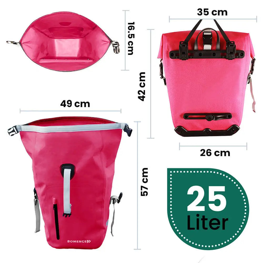 Maße der pinken Fahrradtasche von Bomence auf drei Bildern, Ansicht Innen, hinten mit Aufhängesystem und offen von Vorne. Unten rechts Tropfen Grafik in grün mit 25 Liter Schriftzug. Maße 42x35x16,5 cm geschlossen, 57x49x16,5 cm offen stehend.