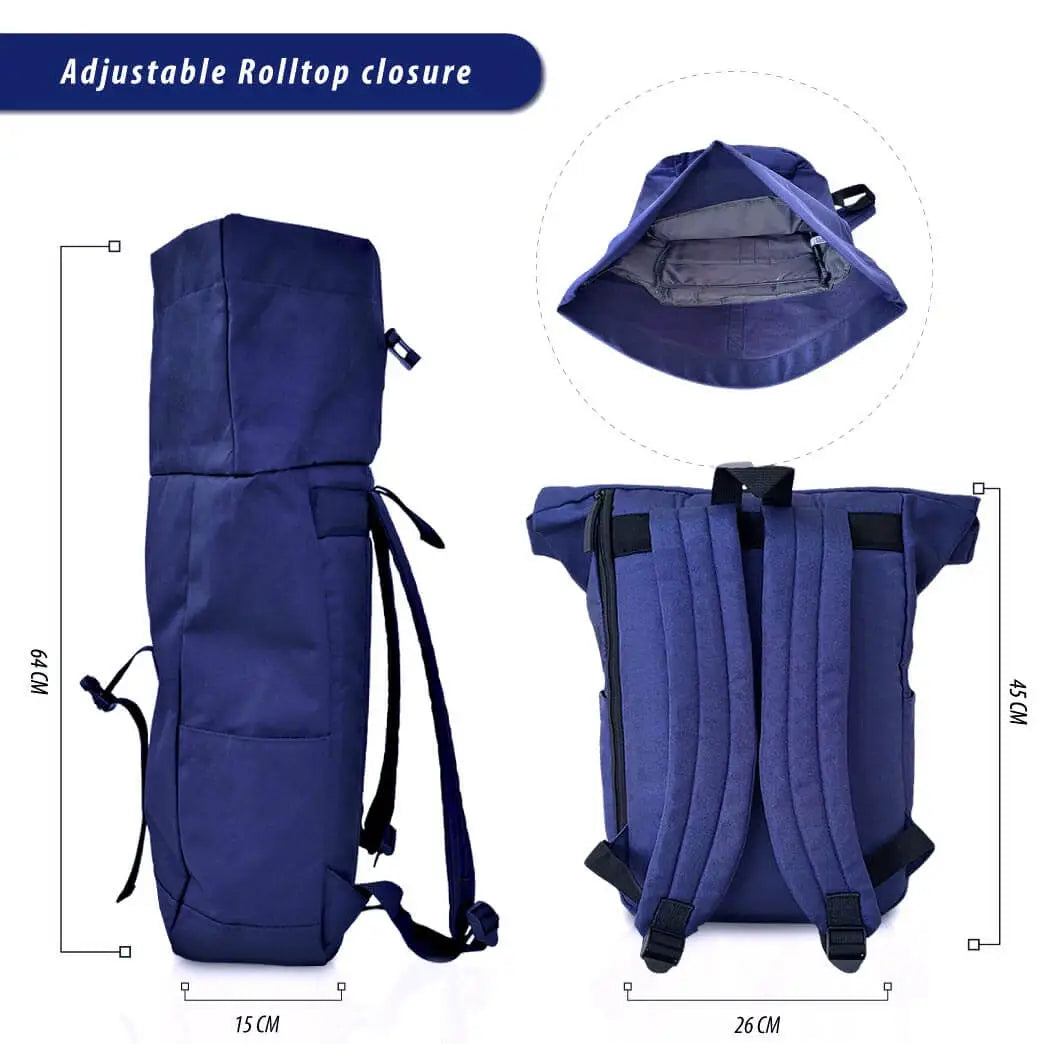Bild zeigt die Größenangaben des Rucksackes. Wenn blauer Rolltop-Verschluss nicht eingestellt ist besitzt der Rucksack eine Höhe von 64 cm ansonsten 45 cm. Die Breite beträgt 26 cm und die Tiefe 15cm. Das Rolltop-Prinzip ist die Größe sehr variabel einstellbar.