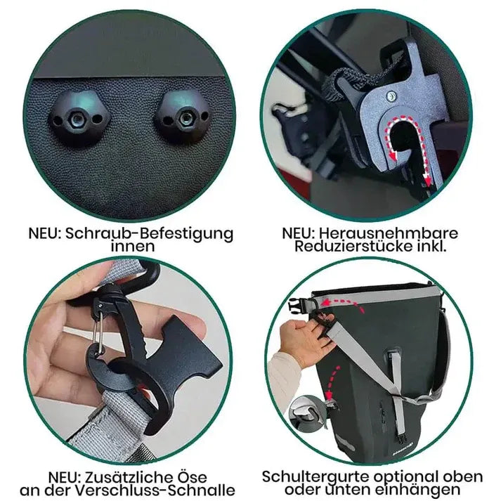 Details Ansicht mit 4 Kreisen. zur Schraub-Befestigung , herausnehmbaren Reduzierstücken, zusätzliche Öse für den Umhängegurt, Optionale Aufhängung