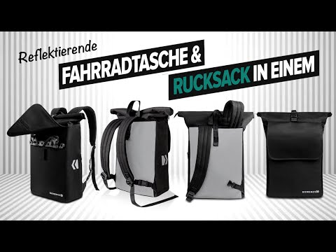Reflektierende Fahrradtasche und Rucksack Kombi in einem. Video zeigt die leichte Anbindung der Fahrradtasche an das Rad. Nachtaufnahme zeigt die leuchtenden Reflektoren bei Nacht, die dem Fahrradfahrer mehr Schutz geben. Ebenfalls werden die Innentaschen dargestellt.