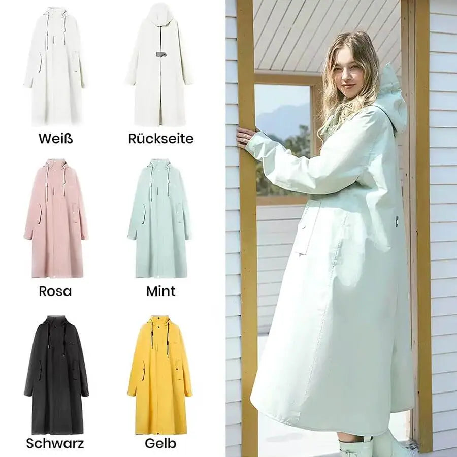 Oversize Regenmantel in fünf Farben, pastell mintgrün, gelb, schwarz, rosa und weiß auf der linken Hälfte des Bildes dargestellt. Auf der rechten Seite steht eine Frau draußen vor einer Tür mit einem mintgrünen Oversized Regenmantel von der Seite den Betrachter an.