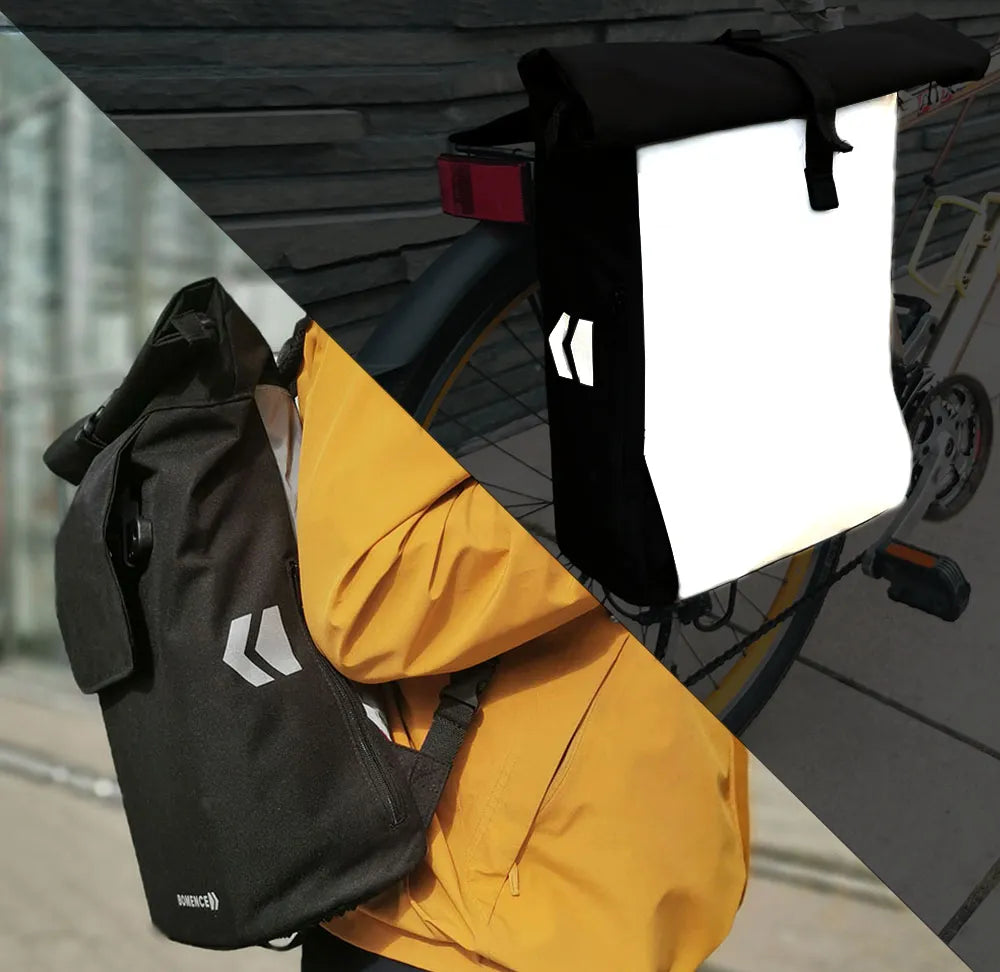 Reflektierende Fahrradtasche Rucksack Kombi: Vorher-Nachher-Transformation bei Tag und Sichtbarkeit bei Dunkelheit.