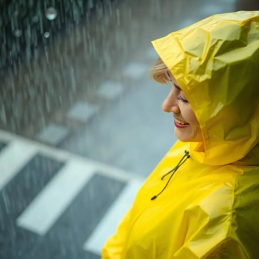 Frau in gelbem Regenponcho an einer Straße im Regen