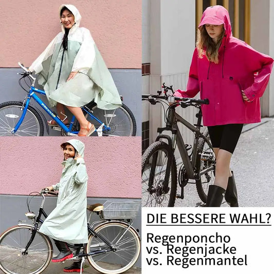 Regenponcho oder Regenjacke oder Regenmantel ein Vergleich zwischen dem Regenschutz für Damen, die Fahrrad fahren.