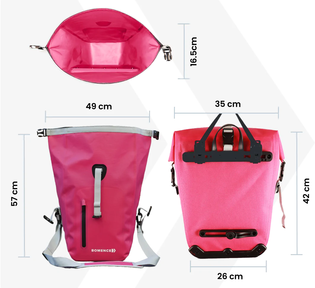Maße der FAhrradtasche in pink 35x42 cm mit Packvolumen von 25 Litern. Geschlossen, offen stehend sowie Innenansicht.