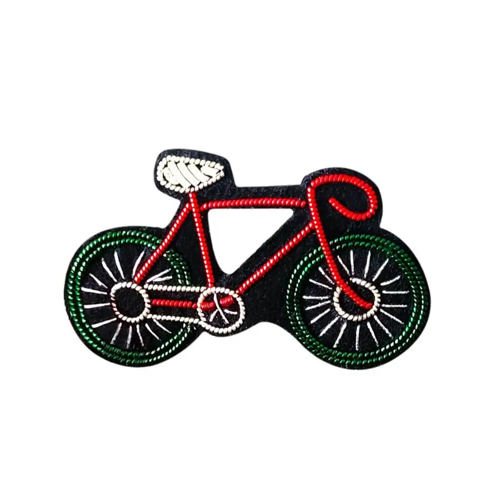 fahrrad brosche pin anstecknadel selbstgemacht handgemacht hand gearbeitet, gruen rot, geschenkidee fahrrad