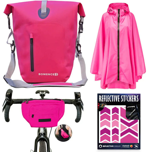 Bundle Set aus pinker Fahrradtasche, pinkem Regenponcho, pinker Lenkertasche und reflektierenden Sticker in Pink von Reflective Berlin