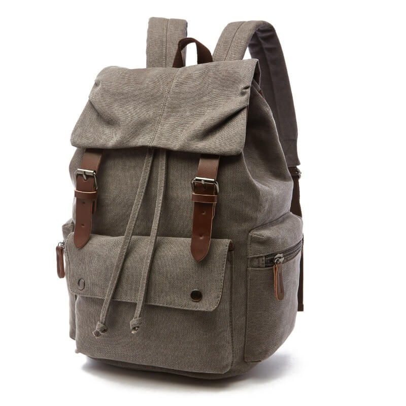 Grauer Canvas Rucksack für Laptop schule uni, mit Leder, kleinen Taschen außen und Schnüren