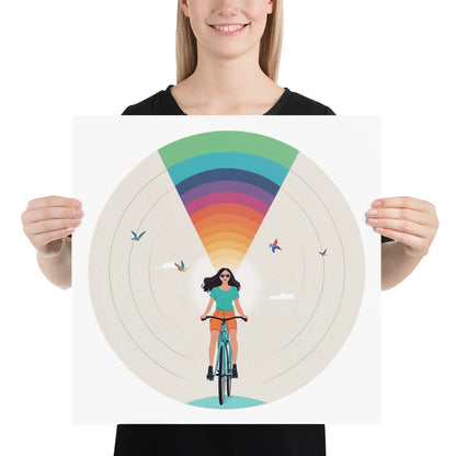 Illustration einer Frau auf einem Fahrrad mit Regenbogen