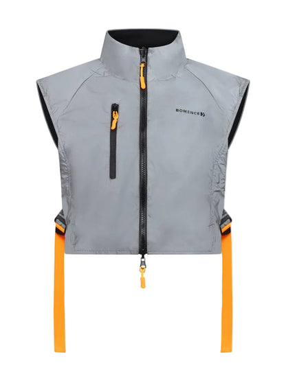 Fahrradweste reflektierend mit orangenen Gurten seitlich und Reißverschluss kurzer Schnitt