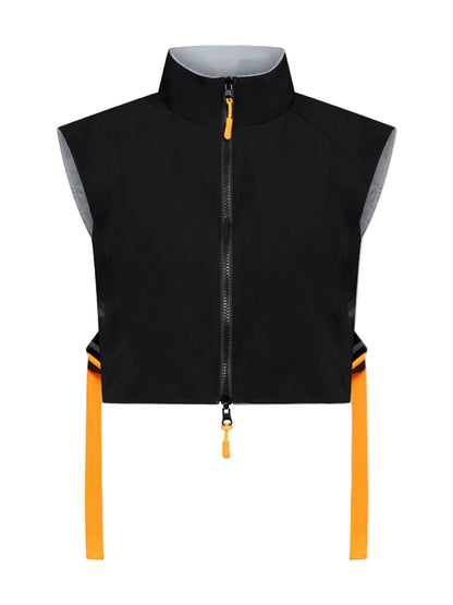 schwarze Weste Fahrradfahren Wendeweste reflektierend innen mit orangenen Bändern seitlich