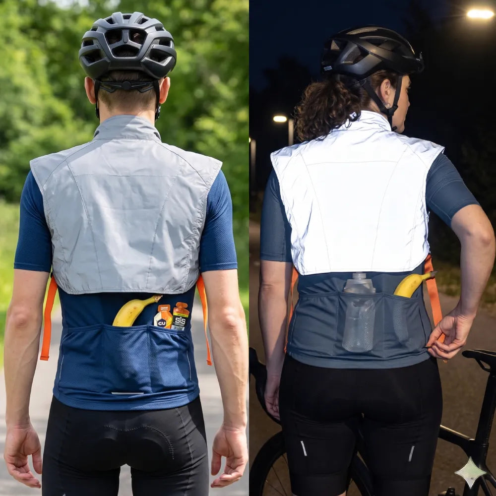 Rennrad Fahrer Frau und Mann mit Fahrradhelm und Fahrradtrikot und einer kurzen reflektierenden Fahrradweste