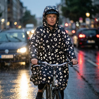 Frau mit sichtbarer Regenbekleidung reflektierend auf dem Fahrrad auf der Straße