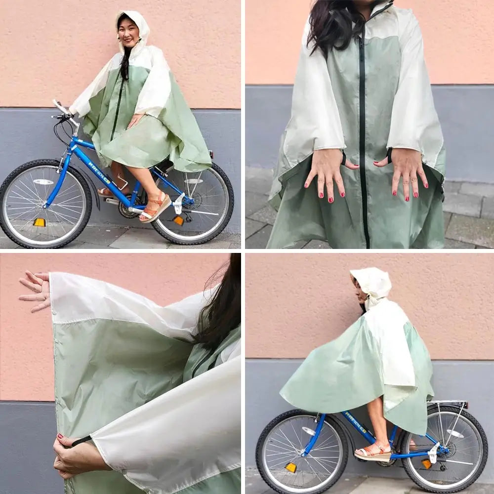 Fahrradponcho mit cleveren Details, Regencape für Damen mit dem Fahrrad seitlich