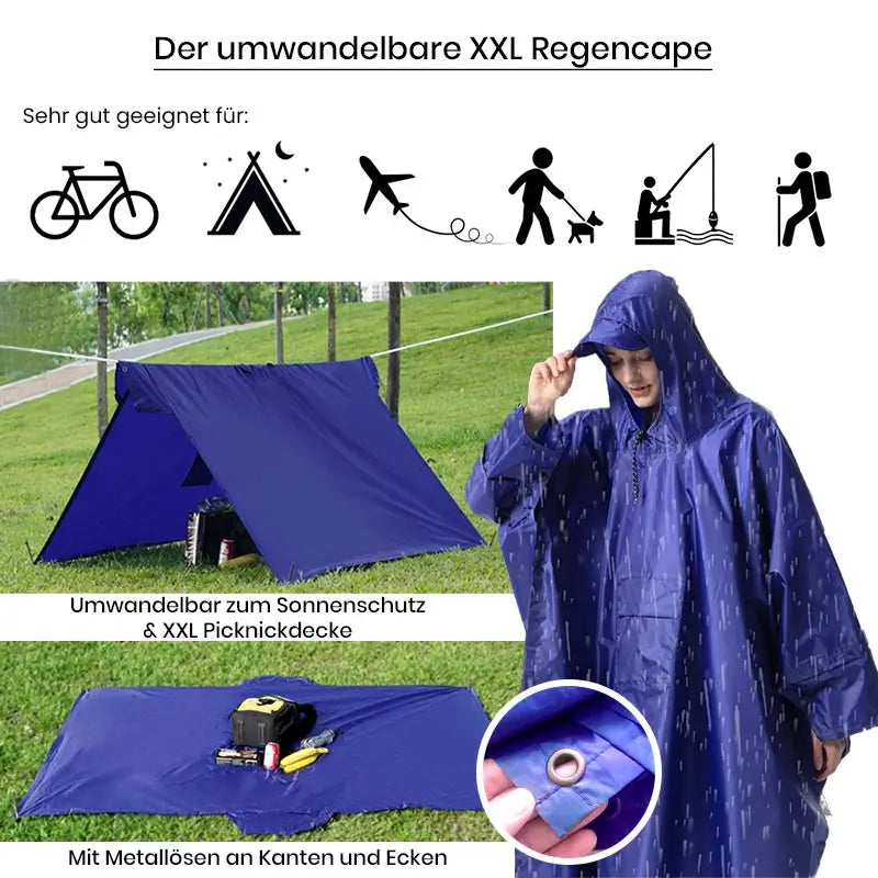 Outdoor Regencape umwandelbar mit Ösen, Metallösen, Picknick Decke, Tarp und Sonnenschutz zum Wandern und Fahrradfahren