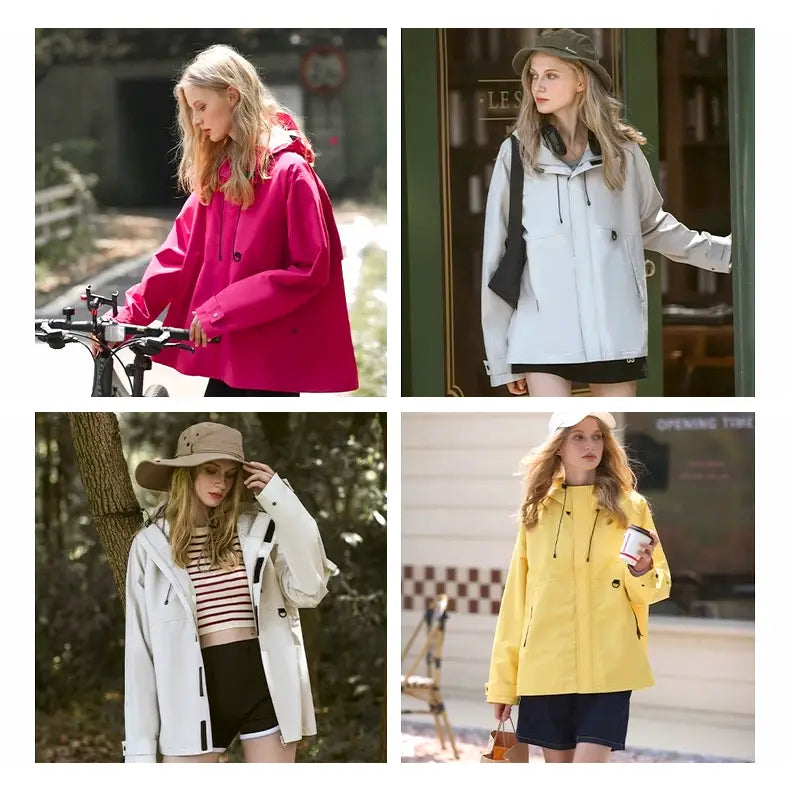 Damen Regenjacke in pink weiß und gelb für Outdoor und Fahrradfahren, vier Bilder von einer Blonden schlanken Frau in der Oversize Regenjacke in Szenen des Lebens