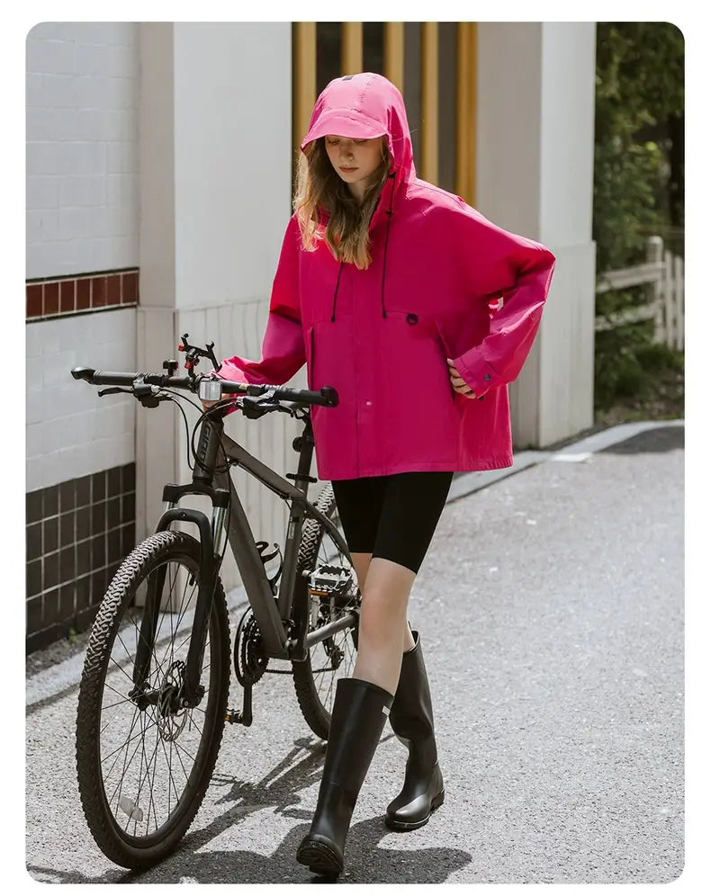 Frau mit dem Fahrrad trägt eine pinke Regenjacke