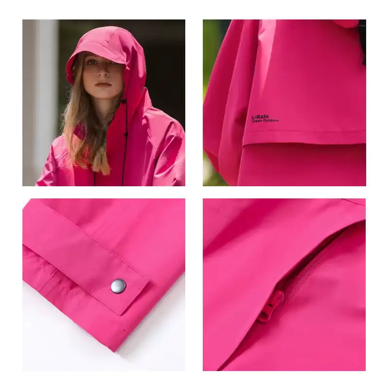 Regenjacke von L-Rain in Details, Ärmel, Hinten logo, Reißverschluss Tasche, Kapuze