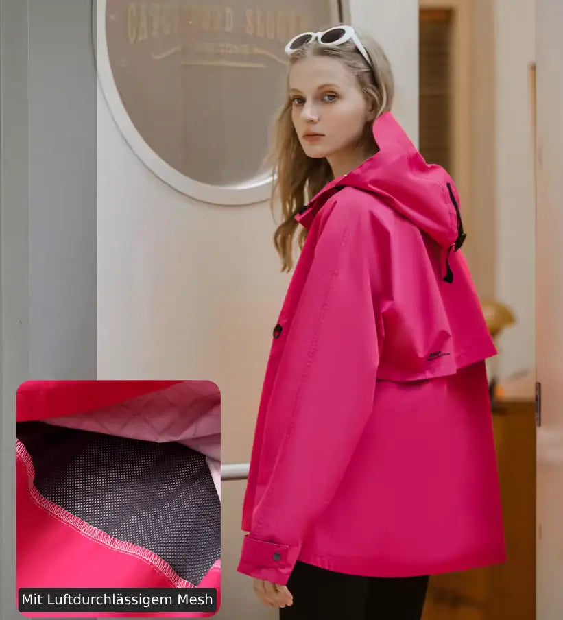 Frau mit pinker Regenjacke und einer Detailaufnahme von dem Mesh innen von der Regenjacke