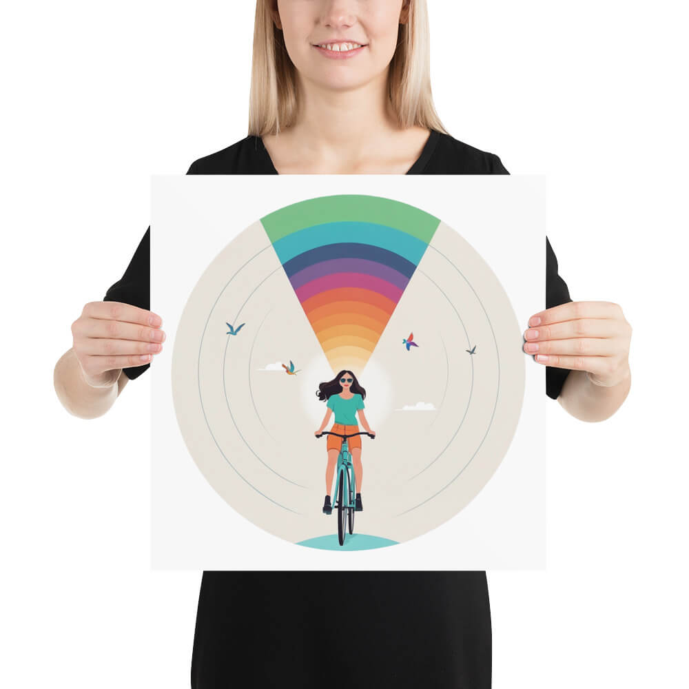 Das Poster zeigt eine stilisierte Illustration einer Frau auf einem Fahrrad, umgeben von Vögeln und einem strahlenförmigen Regenbogenmuster vor einem hellen Himmel.