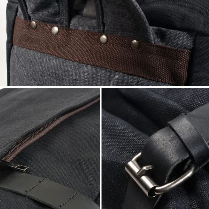 Details von den Riemen des Rolltop Rucksacks aus gewachstem Segeltuch und Lederriemen