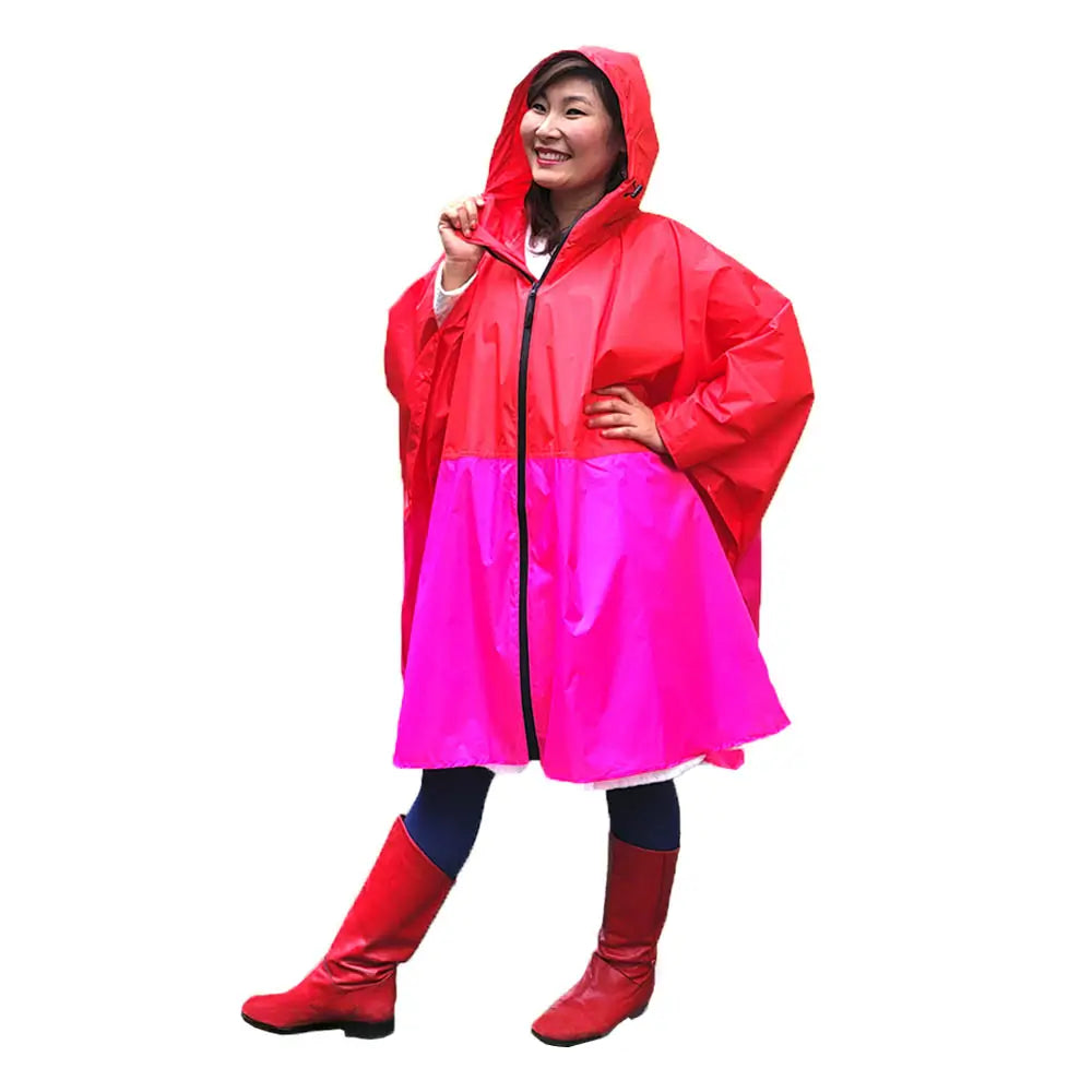Damen Regenponcho Rot Pink für kleine Frauen mit Reißverschluss und Kapuze
