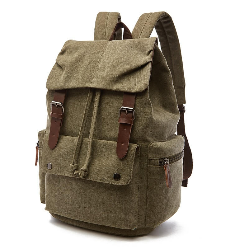 Oliv Grüner Rucksack, Alltagsrucksack, Baumwolle, Canvas Segeltuch, Leder, Schnüre, Außentasche mit Reißverschluss und Magnetverschlüssen