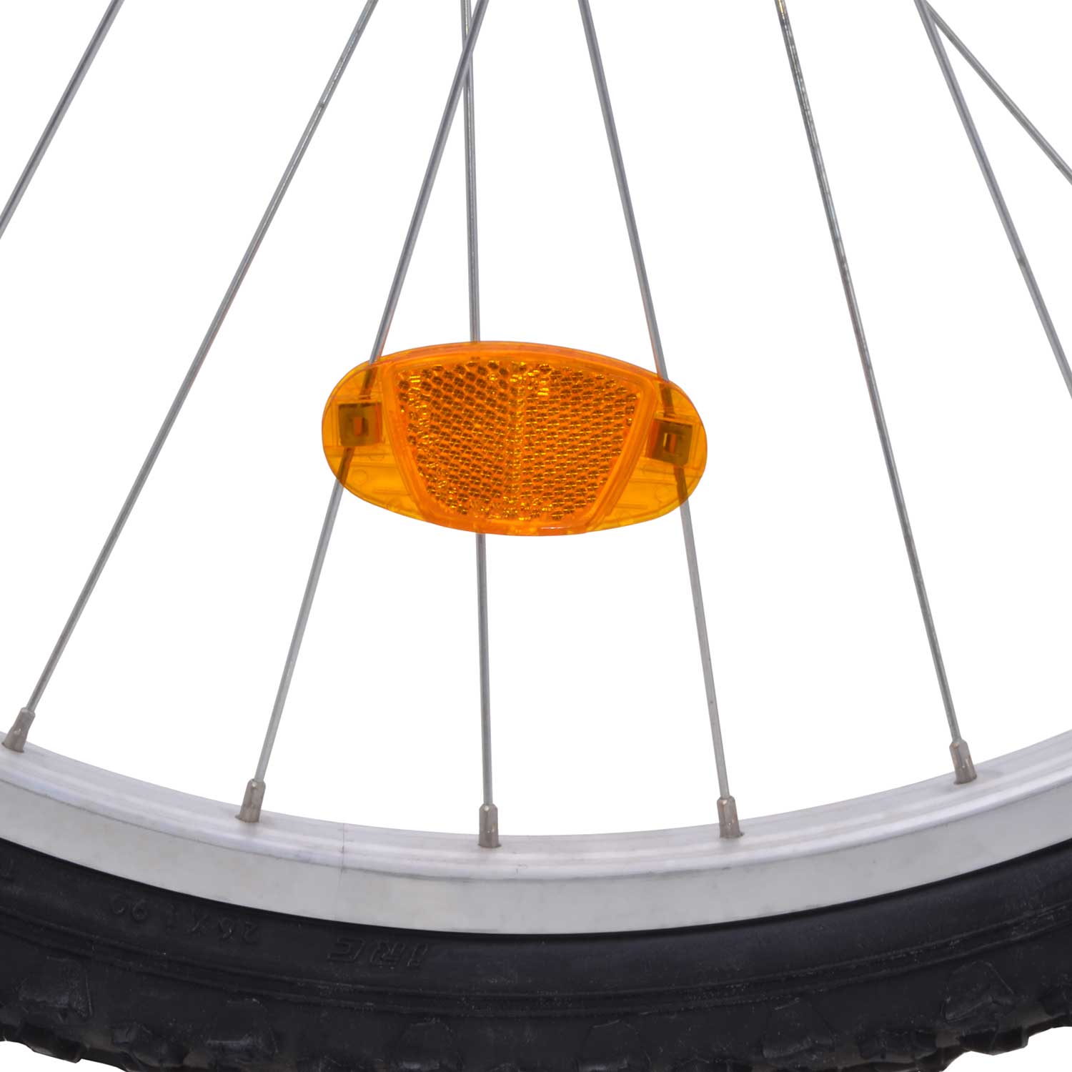 Fahrradspeichen orangener Reflektor angebracht an einem Fahrrad