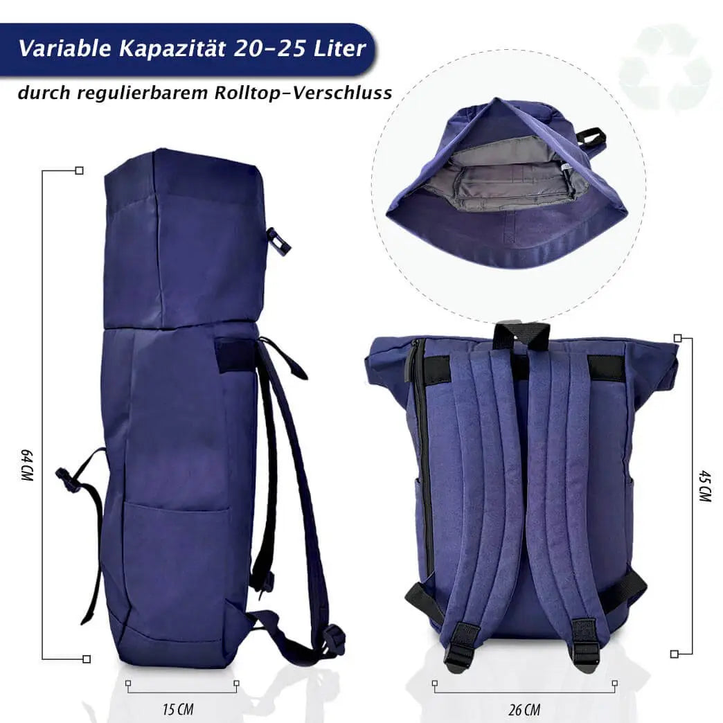 blauer Rolltop-Rucksack, ultraleicht für Wandern und Radfahren, variable Kapazität für Shopping und Arbeit inklusive Laptopfach