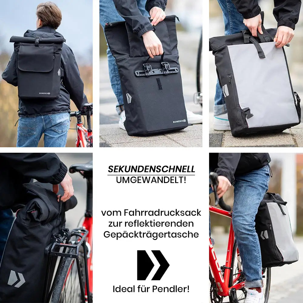 Infografik zur Bomence 2-in-1 Fahrradtasche und Rucksack: Darstellung der Vorteile als Gepäckträgertasche und bequemer Fahrradrucksack mit Fokus auf Design und Funktionalität.