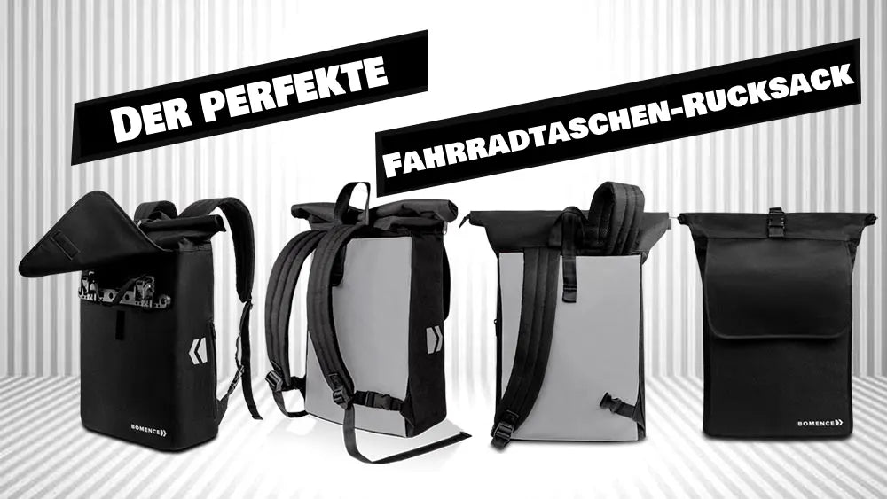 Video-Thumbnail: Demonstration der 2-in-1 Funktion des Bomence Fahrradtaschen-Rucksacks und der schnelle Umbau zur Seitentasche.
