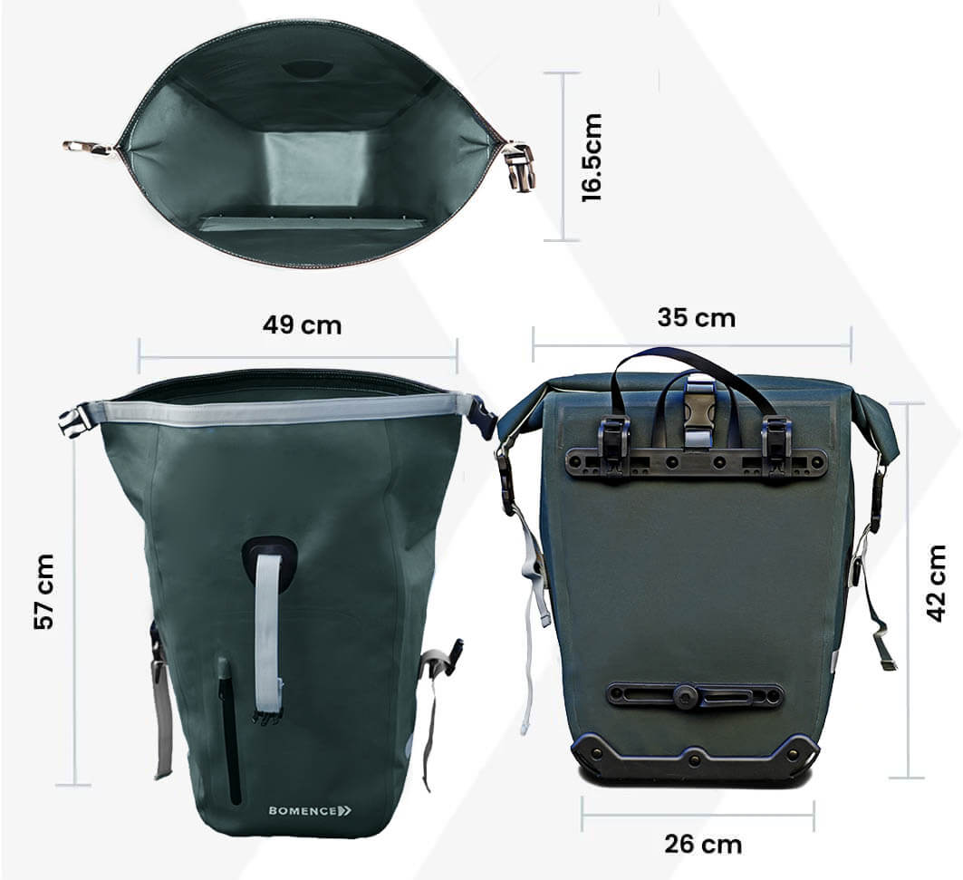 Darstellung der Maße der dunkelgrünen Fahrradtasche von Bomence innen, stehend offen sowie Rückseite mit Aufhängungssystem. Maße 35x42 cm Kapazität 25 Liter.