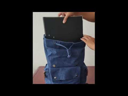 Video blauer Retro Rucksack Vintage Style, groß, für Laptop und Ordner