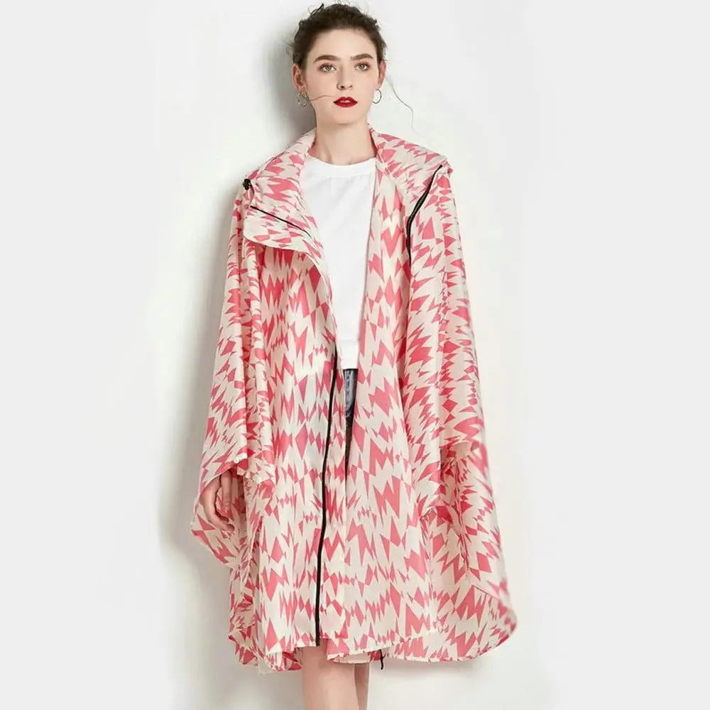 Rosa Pinker Regenponcho für Damen und Mädchen mit Reißverschluss, Regenmantel ohne Ärmel, Muster weiß pink